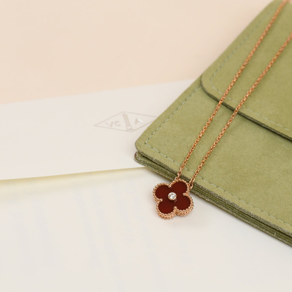 Second Hand Authentic VCA Alhambra 2011 Holiday Pendant Carnelian Diamond 18K Rose Gold
