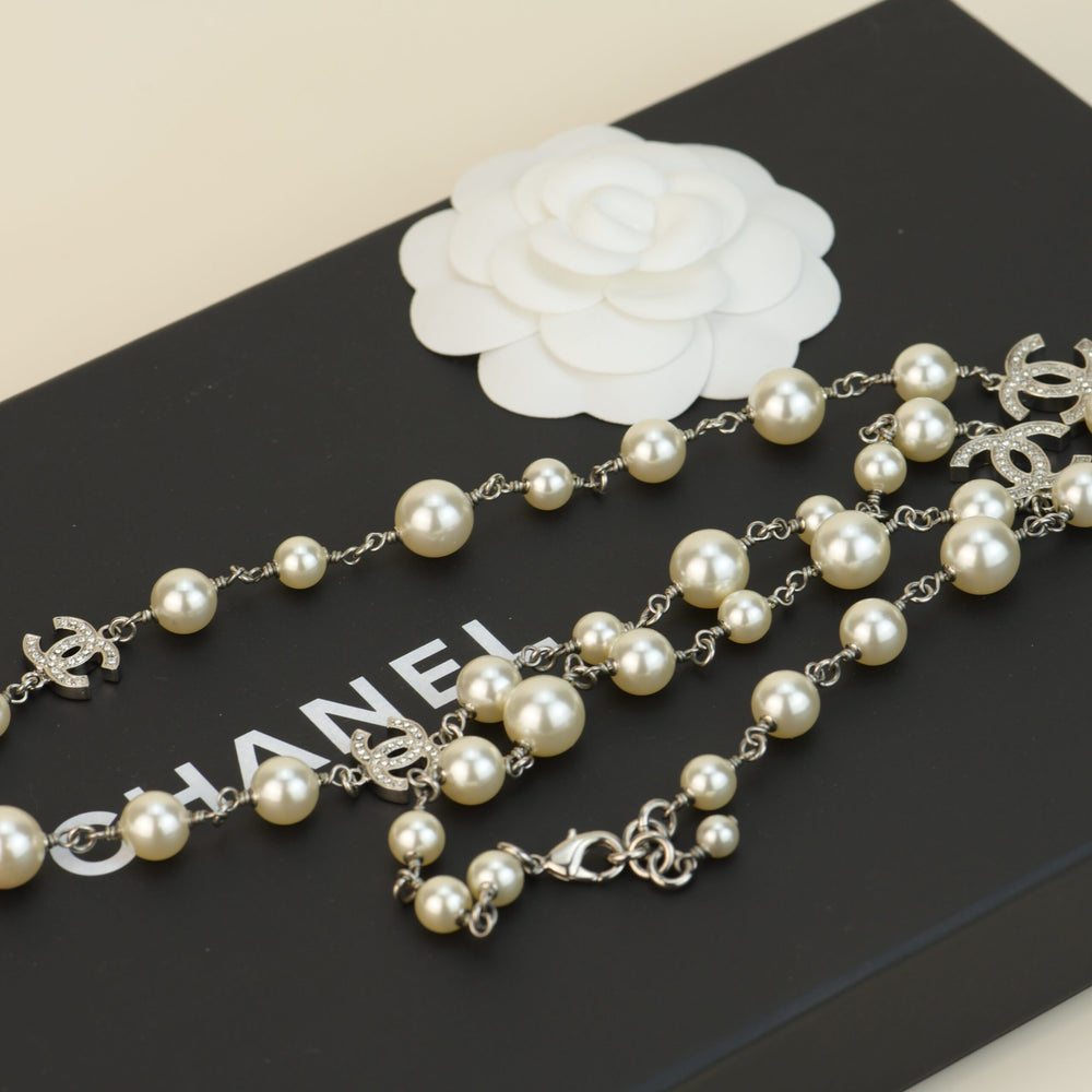 preowned Chanel Pearl Sautoir Necklace with Five CC Logos with box
