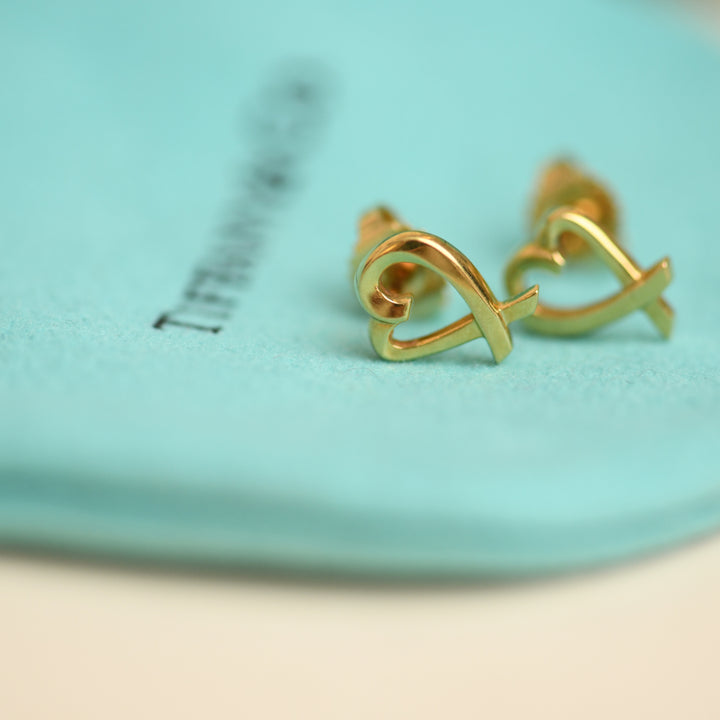 Preloved Tiffany Paloma Picasso Loving Heart Stud Earrings 18K Yellow Gold
