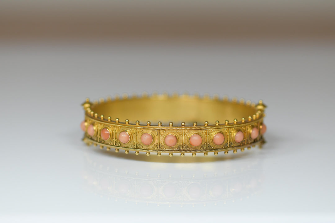 Etruscan Revival Gold and Coral Hinged Bangle