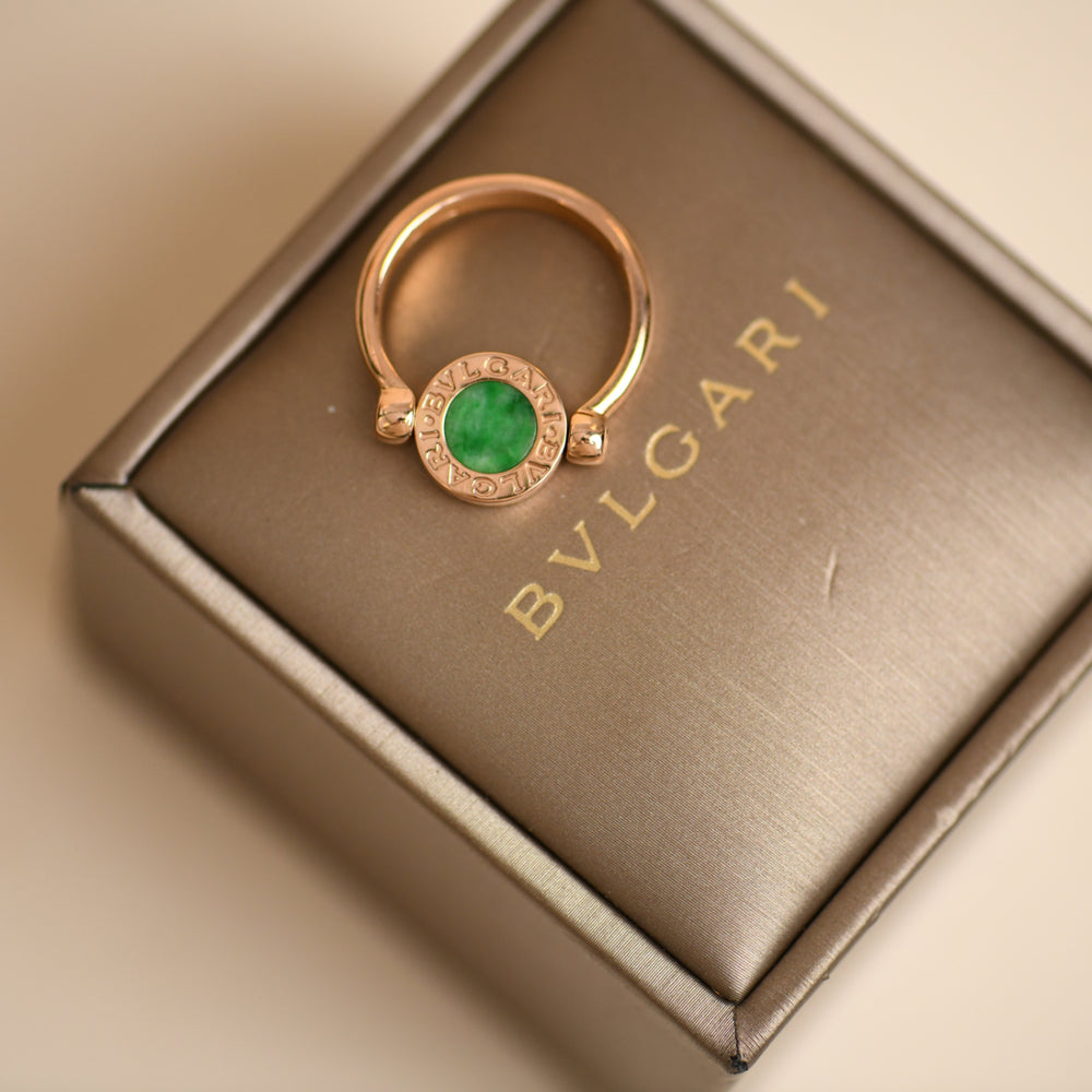 Preloved Authentic Bvlgari Flip Ring Jade and Pave Diamond 18K Rose Gold Size 54