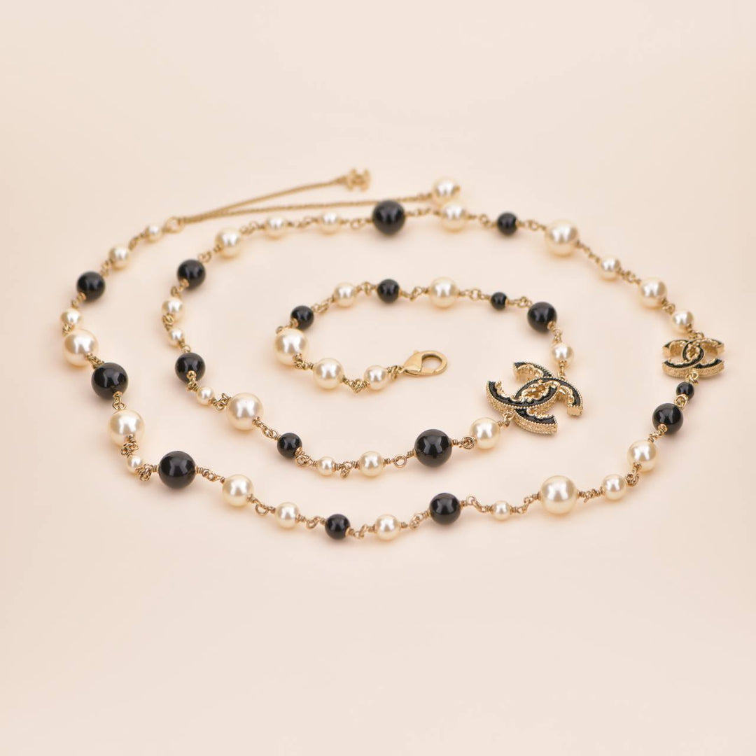 Chanel CC Pearl & Black Beads Baroque Sautoir Necklace
