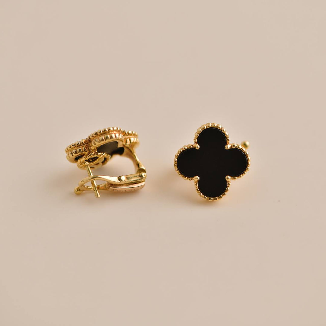 Van Cleef & Arpels Vintage Alhambra Black Onyx Yellow Gold Earrings
