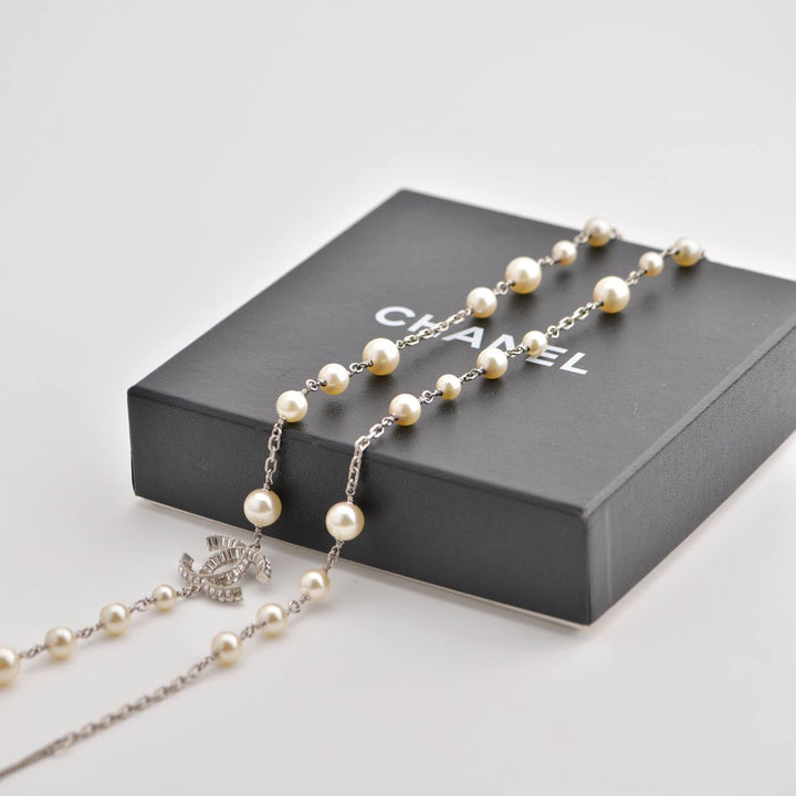 Chanel 2 CC White Pearl and Crystal Long Necklace