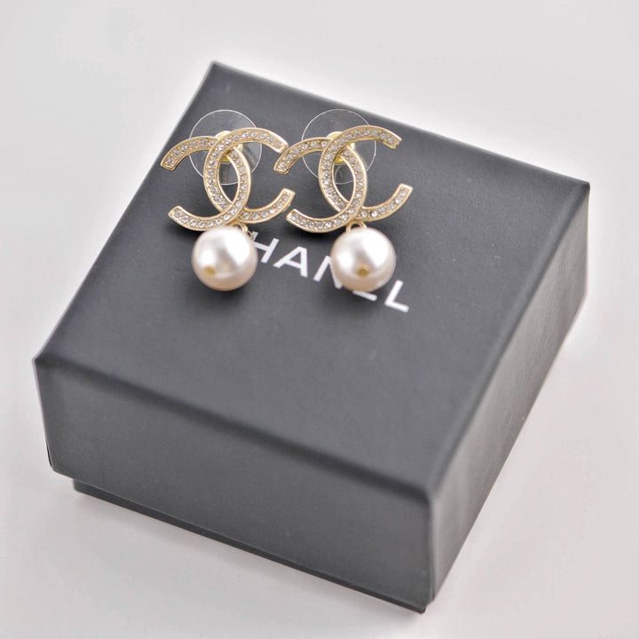 Chanel CC Drop Silver Metal Pearl Earrings