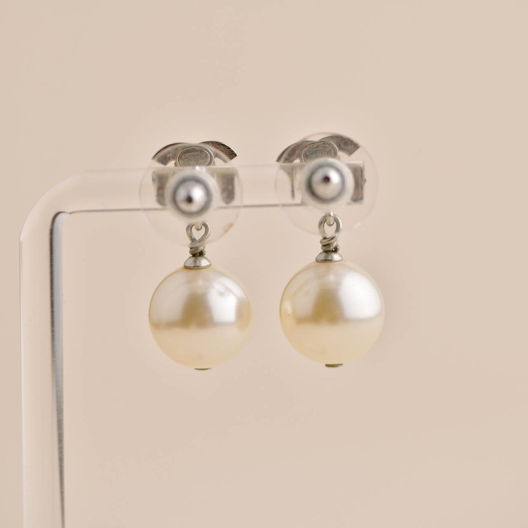 Chanel CC Drop Silver Metal Crystal Pearl Earrings