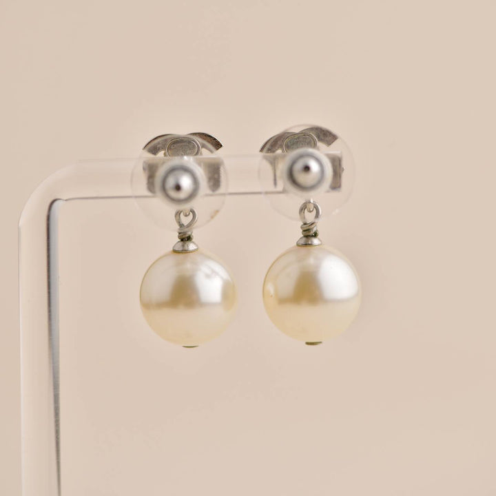 Chanel CC Drop Silver Metal Crystal Pearl Earrings