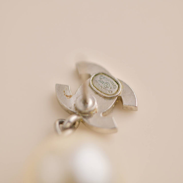Chanel CC Drop Silver Metal Crystal Pearl Earrings
