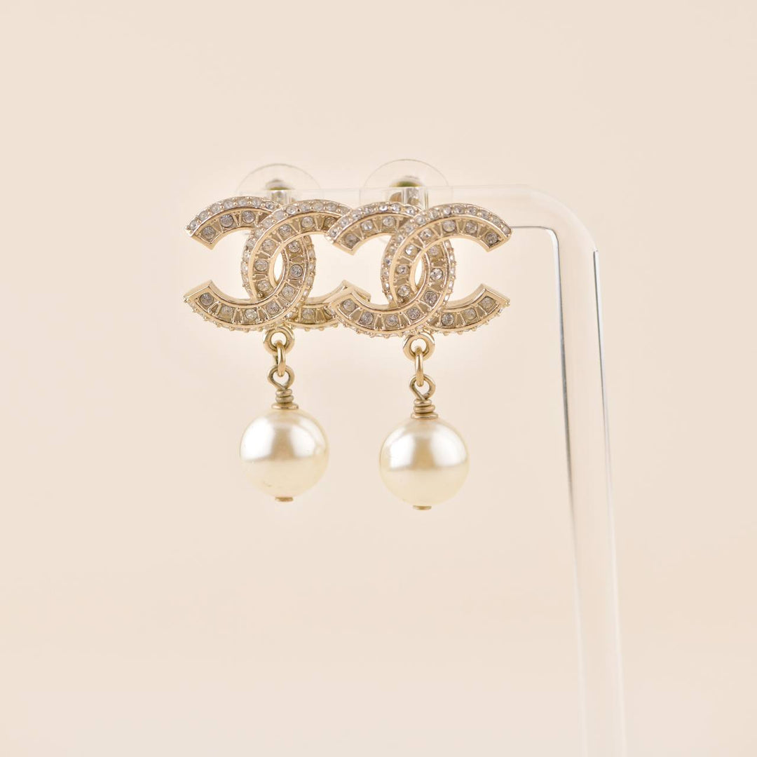 CHANEL CC Gold Metal Crystal Textured Drop Earrings