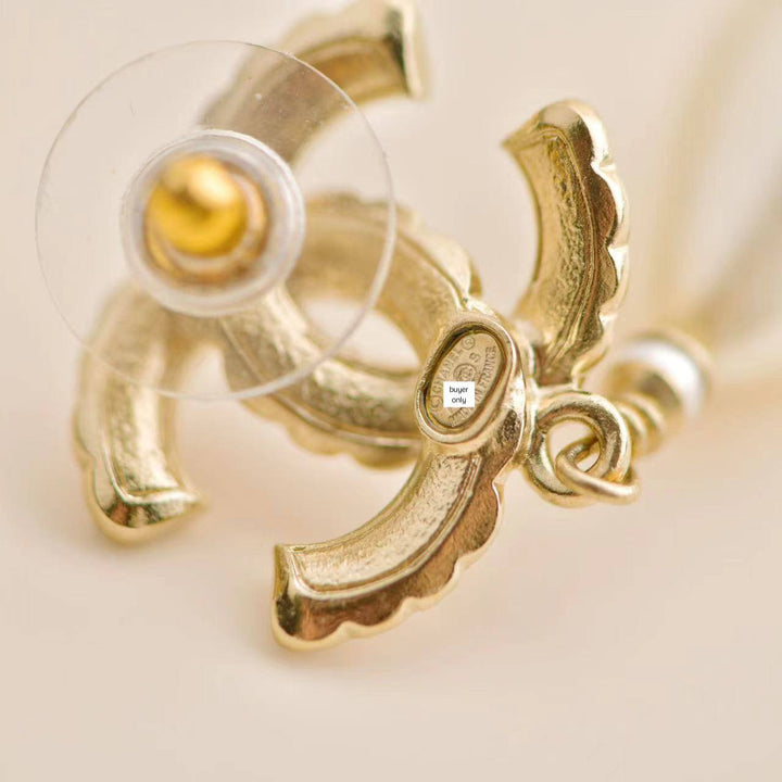 Chanel CC Drop Gold Metal Pearl Earrings
