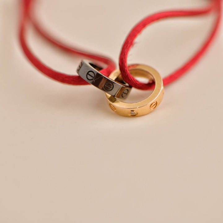 Cartier 18K White Gold Ceramic 4 Diamond LOVE Red Silk Cord Bracelet
