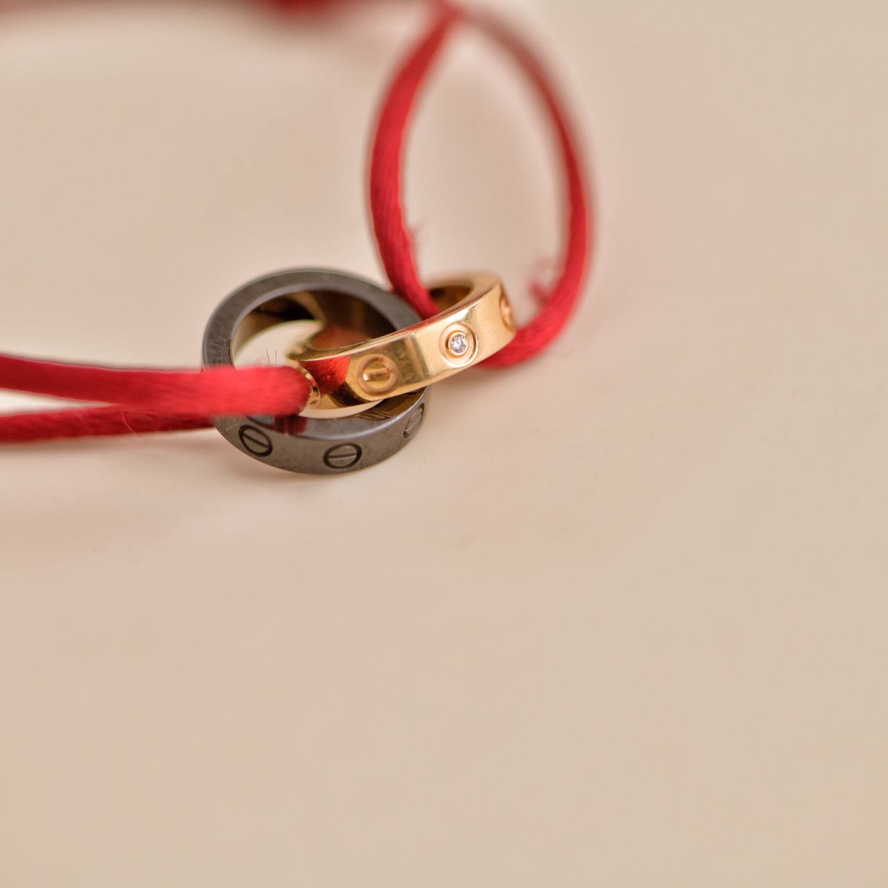 Cartier 18K Rose Gold Ceramic 4 Diamond LOVE Red Silk Cord