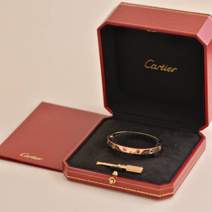 Cartier Love Bracelet 10 Multi Gemstone Rose Gold Size 16