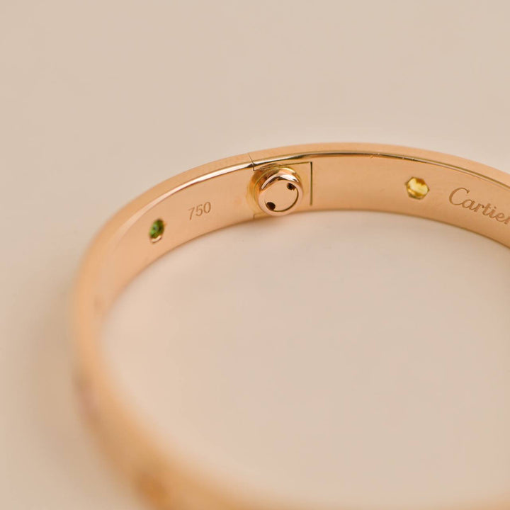 Cartier Love Bracelet 10 Multi Gemstone Rose Gold Size 16