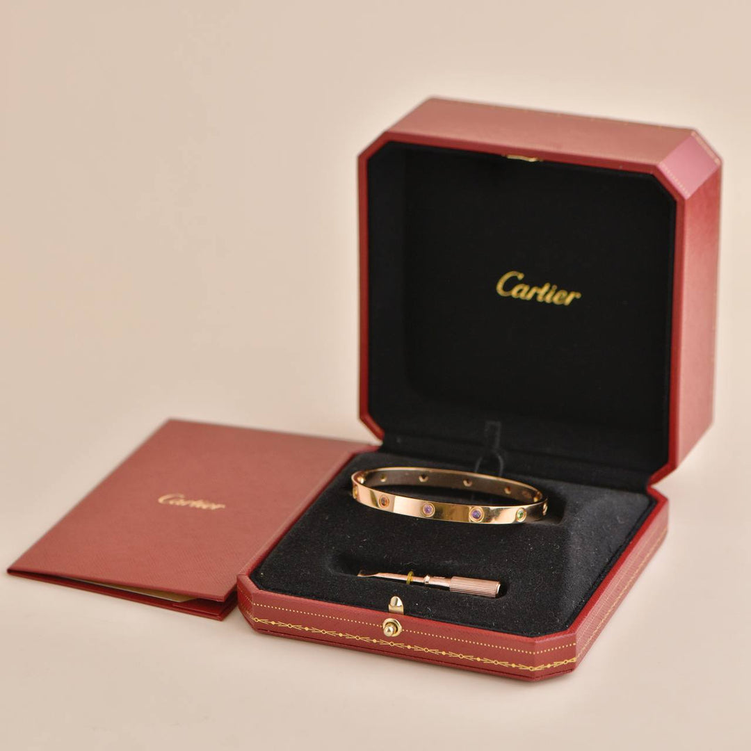 Cartier Love Bracelet 10 Multi Gemstone Rose Gold Size 19