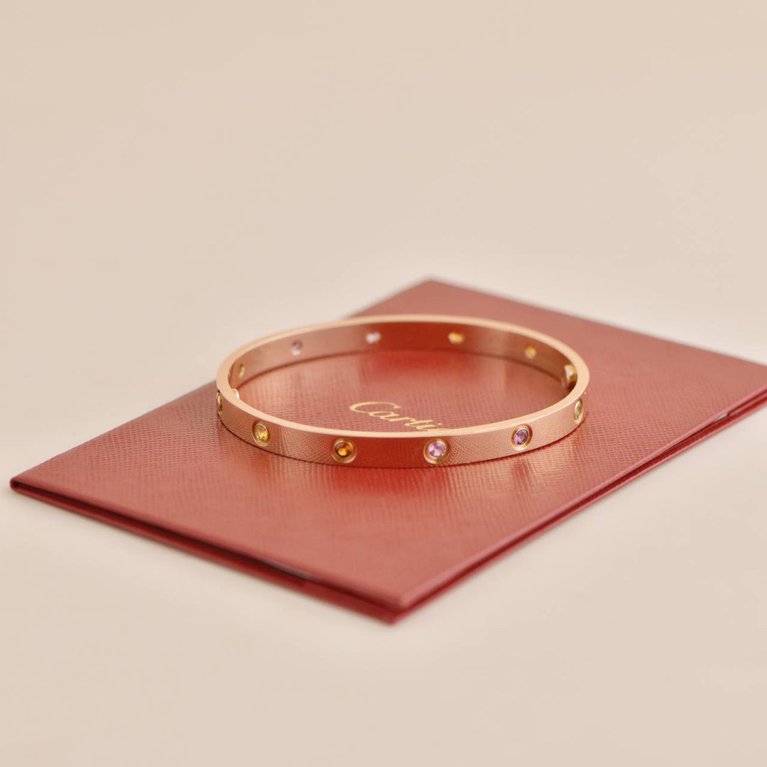 Cartier Love Bracelet 10 Multi Gemstone Rose Gold Size 19