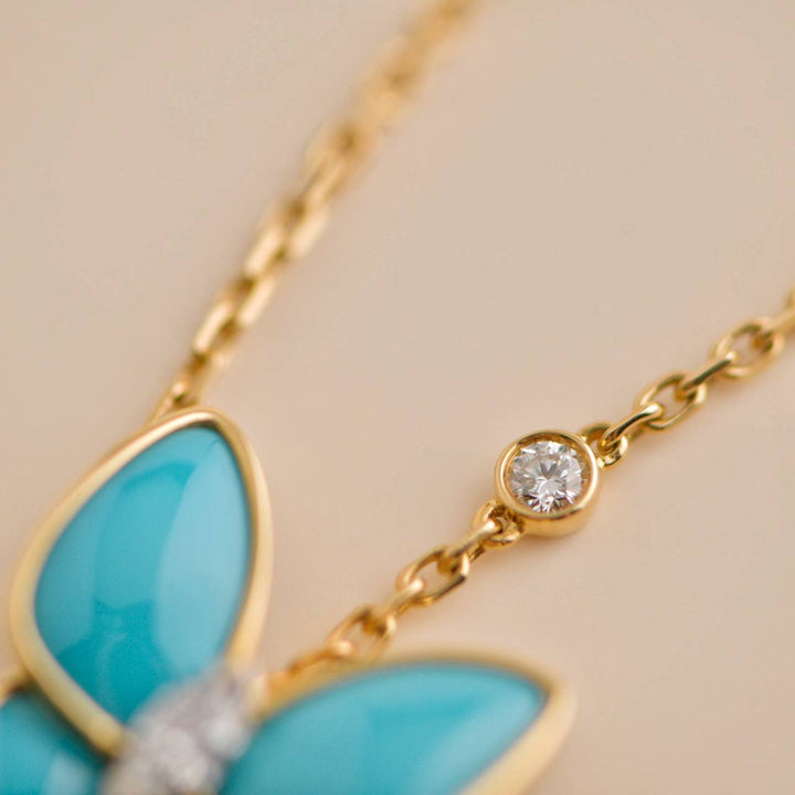 Van Cleef & Arpels 18K Yellow Gold Turquosie Two Butterfly Diamond Pendant