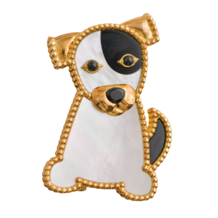 Van Cleef & Arpels 18K Yellow Gold Mother-of-Pearl Onyx Lucky Animals Dog brooch
