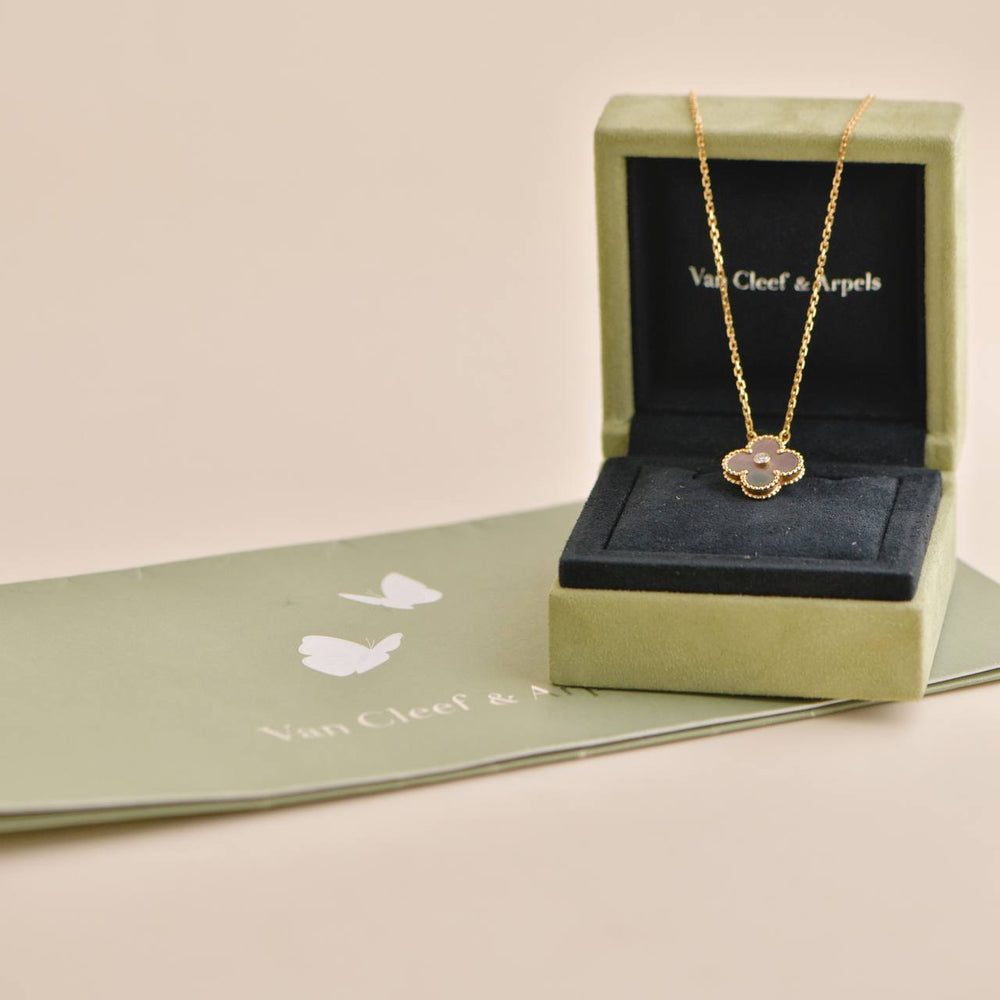 Van Cleef & Arpels Vintage Alhambra Grey Mother of Pearl Diamond Rose Gold Holiday Pendant Necklace