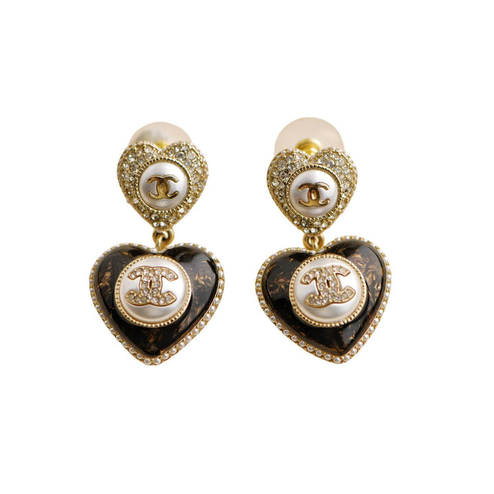 Pre-loved Chanel  CC Faux Pearl  Resin Strass Heart Drop Earrings