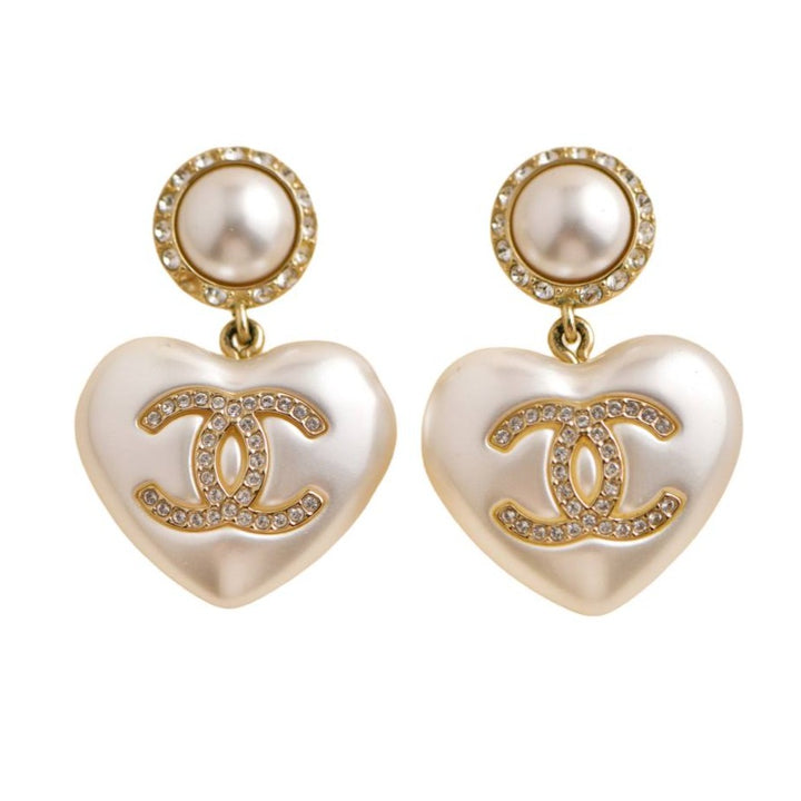Chanel CC Faux Pearl Heart Earrings