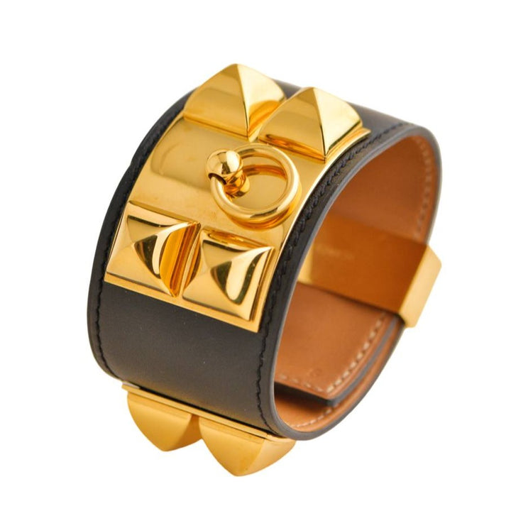 Pre-loved Hermès Collier De Chien Leather Golden Metal Bracelet