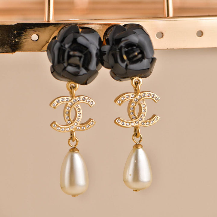 Chanel CC Enamel Faux Pearl Black Camélia  Drop Earrings for Sale