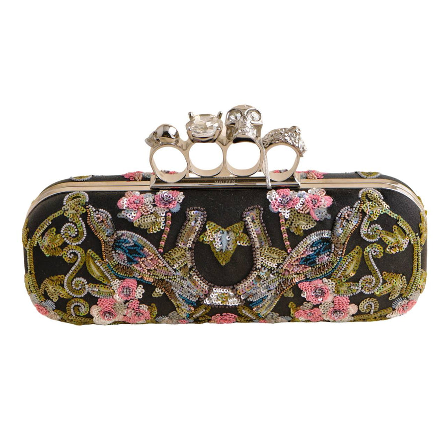 Pre-loved Alexander McQueen Floral-Embroidered Satin Skull Knuckle Clutch Bag