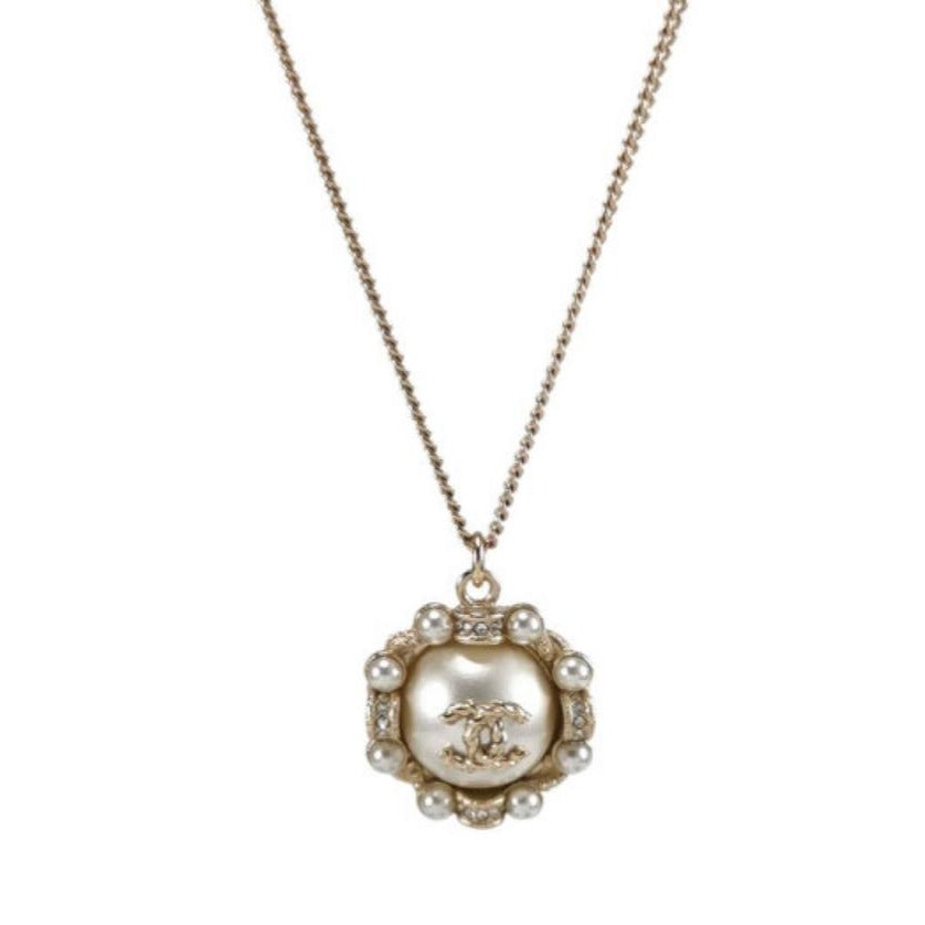 Chanel CC White Faux Pearl Rhinestone Necklace