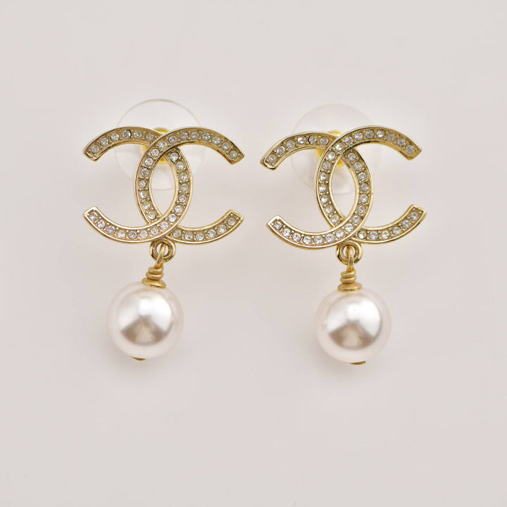 Chanel CC Faux Pearl Drop Pendant Earrings Preowned