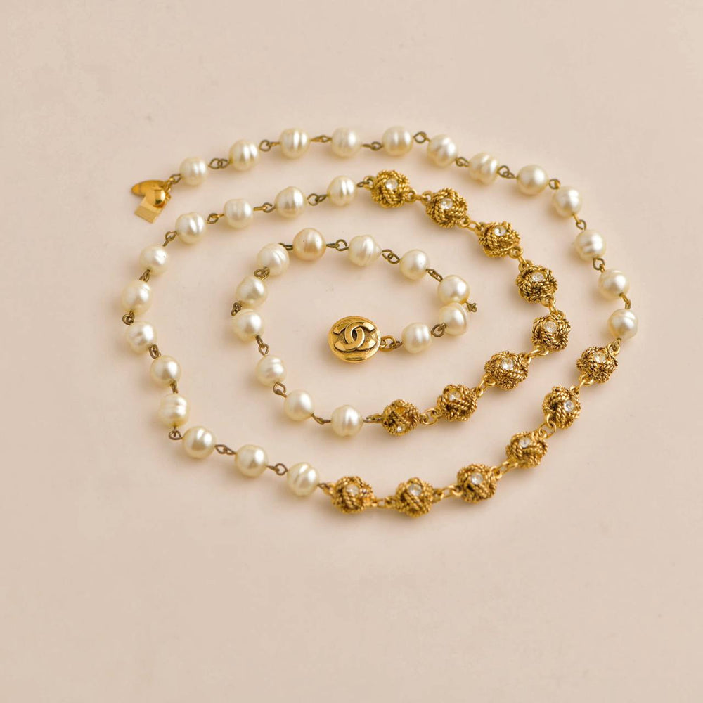Chanel CC Crystal Faux Pearl  Long Necklace Second Hand