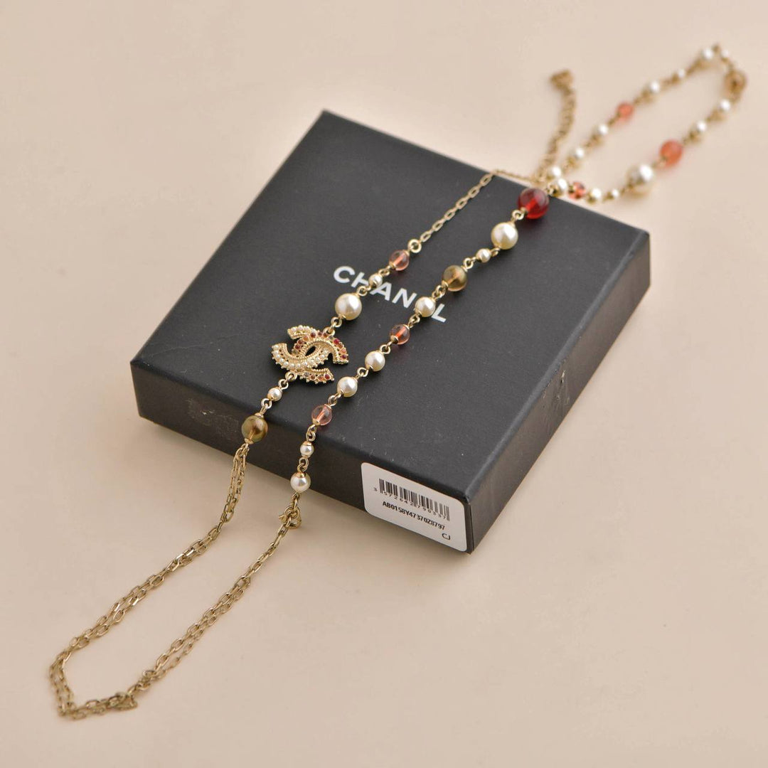 Second Hand Chanel CC Double Glass Pearls Chain Long Necklace