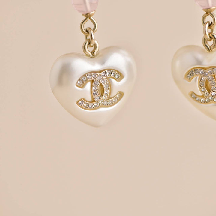 Chanel CC White Heart Faux Pearl Pendant Earrings Preowned