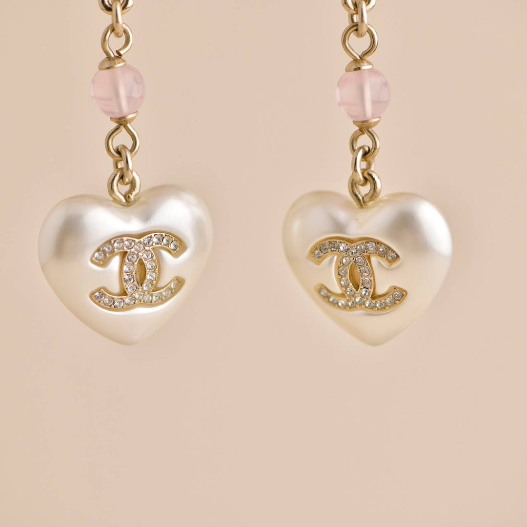 Chanel CC White Heart Faux Pearl  Drop Earrings