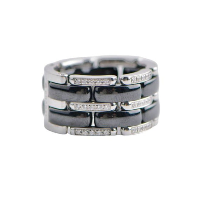 Pre-loved Chanel Black Ceramic Diamond White Gold Ultra Wide Flex Ring 