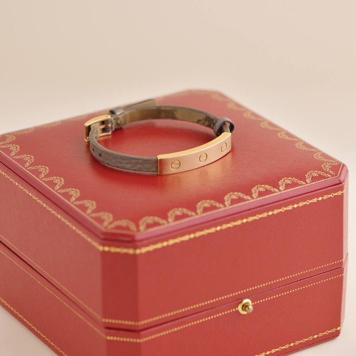 Cartier Love 18k Yellow Gold Slide Bar Brown Leather Bracelet