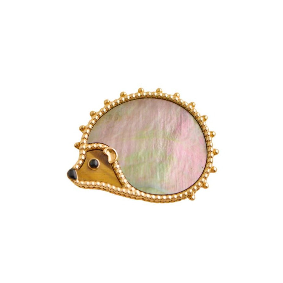 Pre-loved Van Cleef & Arpels Lucky Animals Hedgehog Mother-of-Pearl Onyx Tiger Eye Yellow Gold Clip Brooch