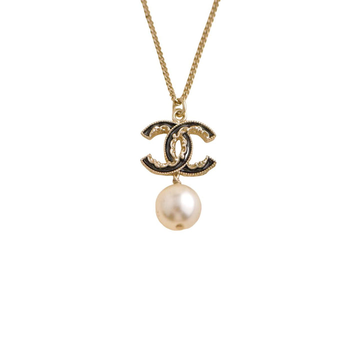 Pre-loved Chanel CC Black Enamel and Faux Pearl Pendant Necklace