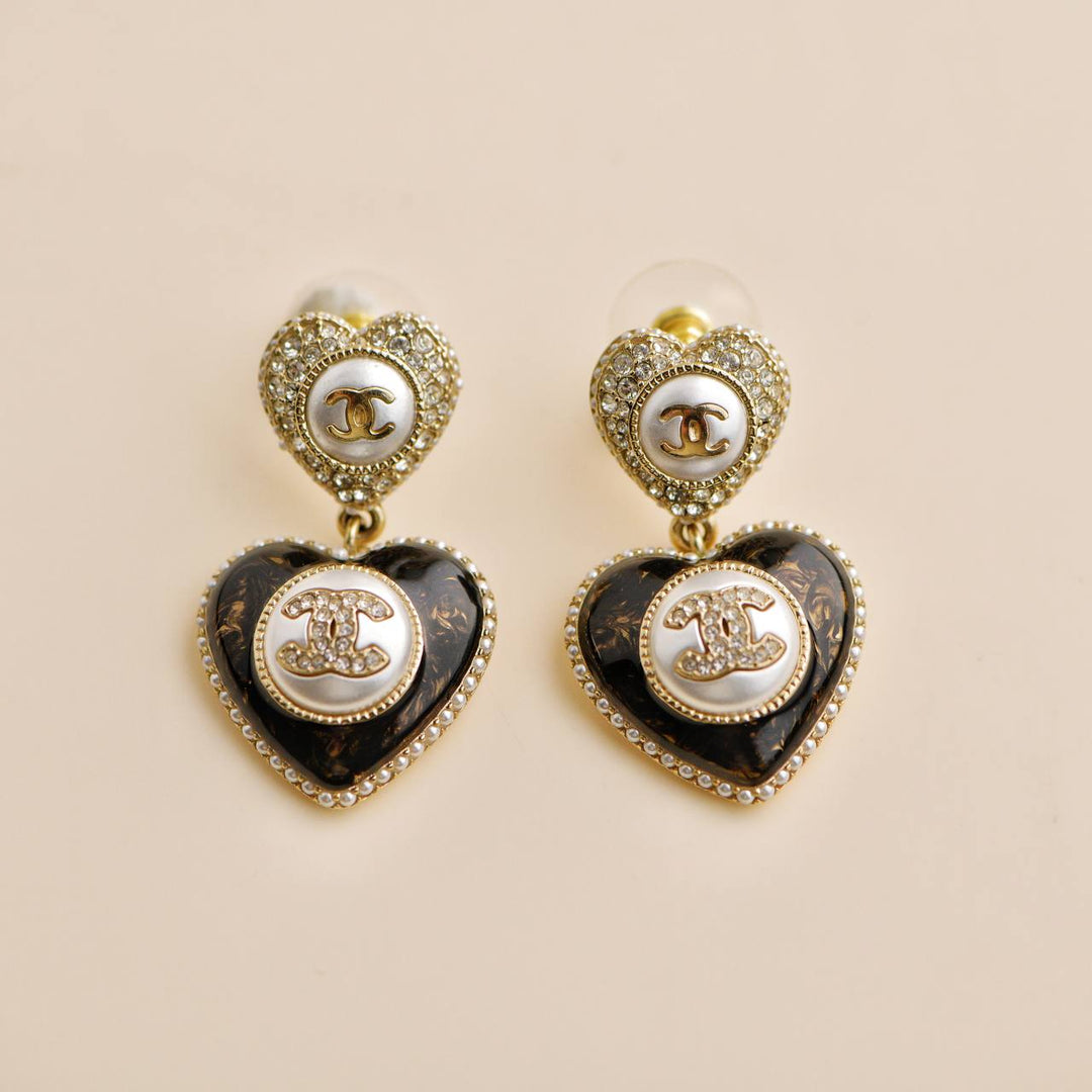 Pre-loved Chanel  CC Faux Pearl  Resin Strass Heart Earrings