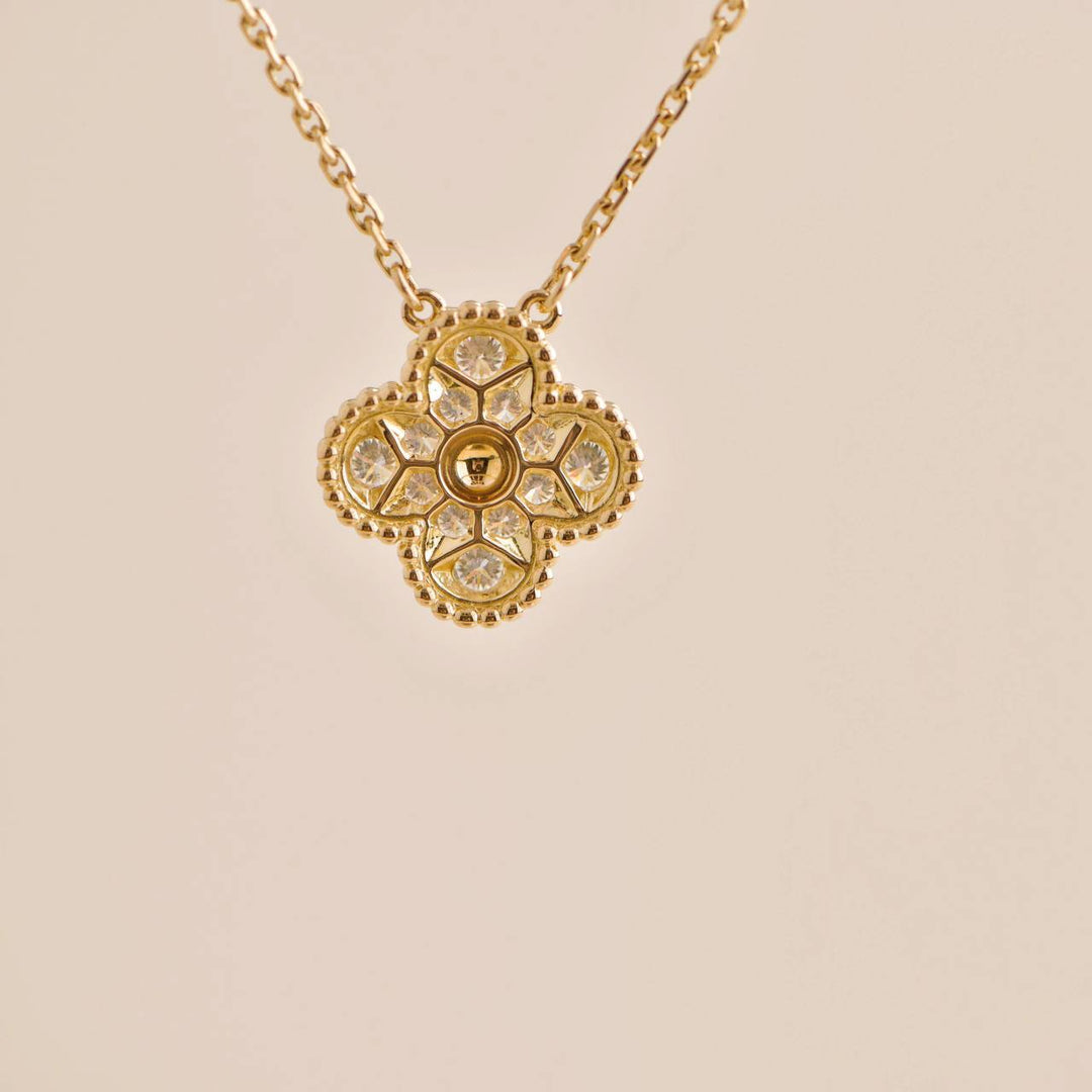 Second Hand Van Cleef & Arpels Vintage Alhambra Diamond Paved Yellow Gold Pendant Necklace