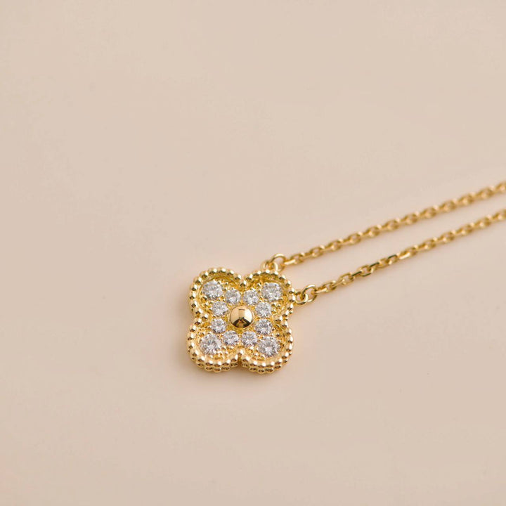 Second Hand Van Cleef Vintage Alhambra Diamond Paved Yellow Gold Pendant Necklace