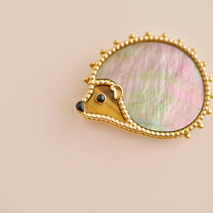 Second Hand Van Cleef Lucky Animals Hedgehog Mother-of-Pearl Onyx Tiger Eye Yellow Gold Clip Brooch