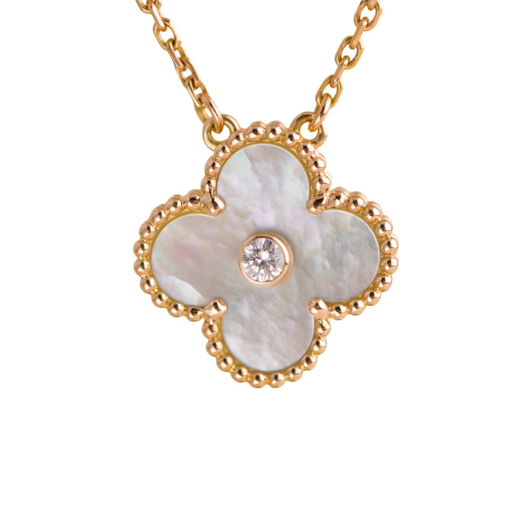 Pre-loved Van Cleef & Arpels Vintage Alhambra 2012 Holiday Diamond Mother-of-Pearl Rose Gold Pendant Necklace