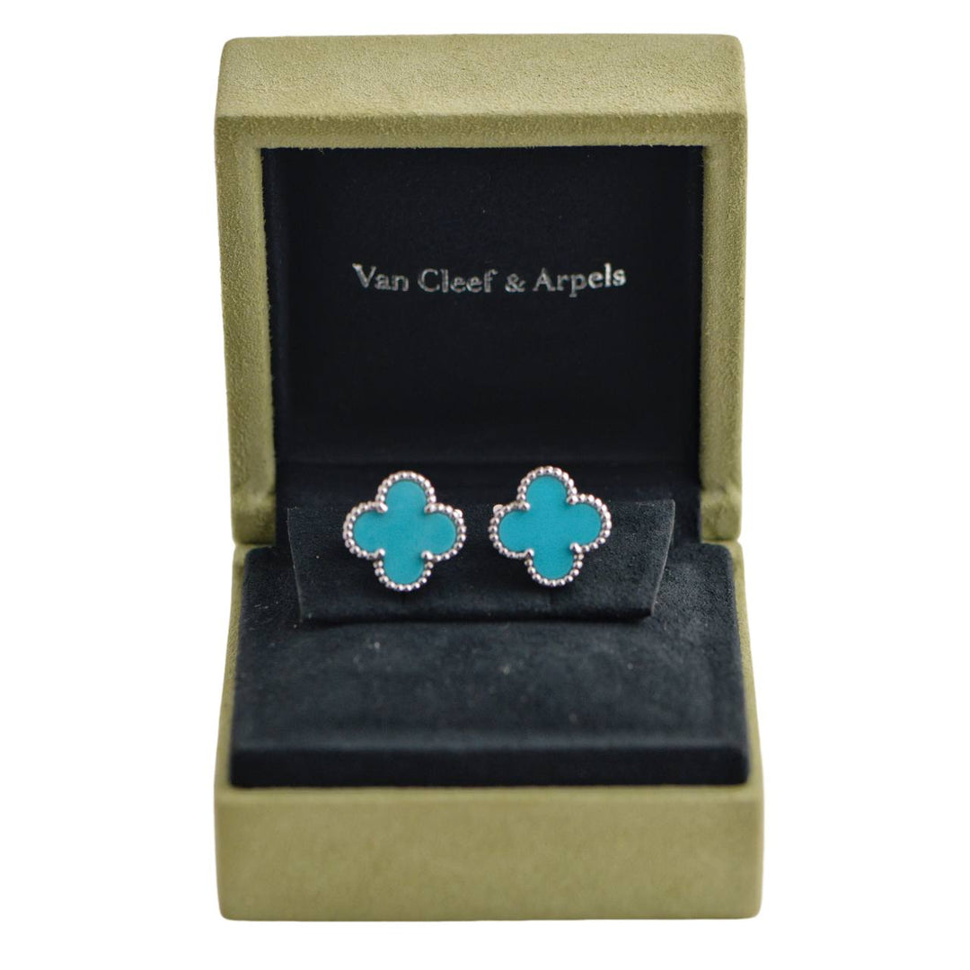 Second Hand Van Cleef & Arpels Vintage Alhambra Turquoise White Gold Earrings