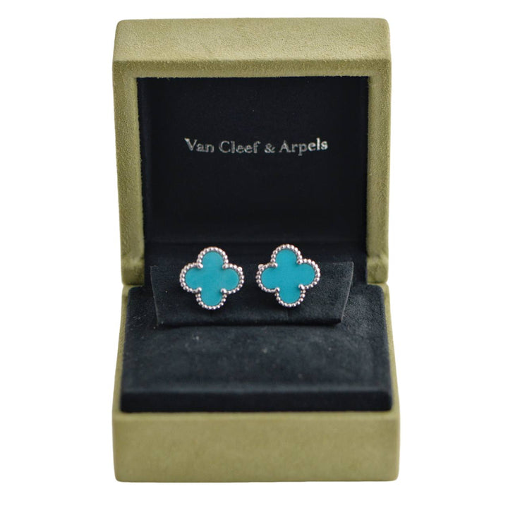 Second Hand Van Cleef & Arpels Vintage Alhambra Turquoise White Gold Earrings