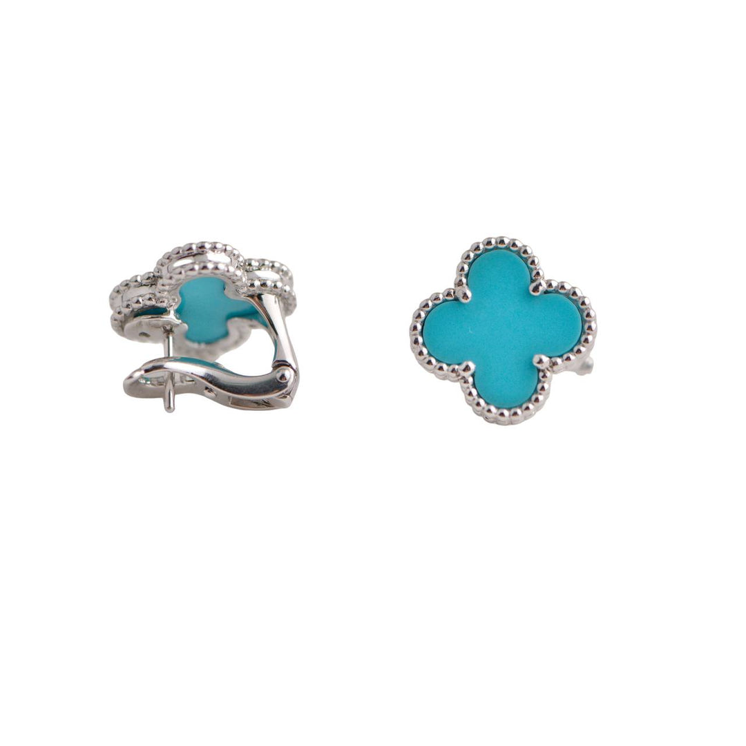 Second Hand Van Cleef Vintage Alhambra Turquoise White Gold Earrings