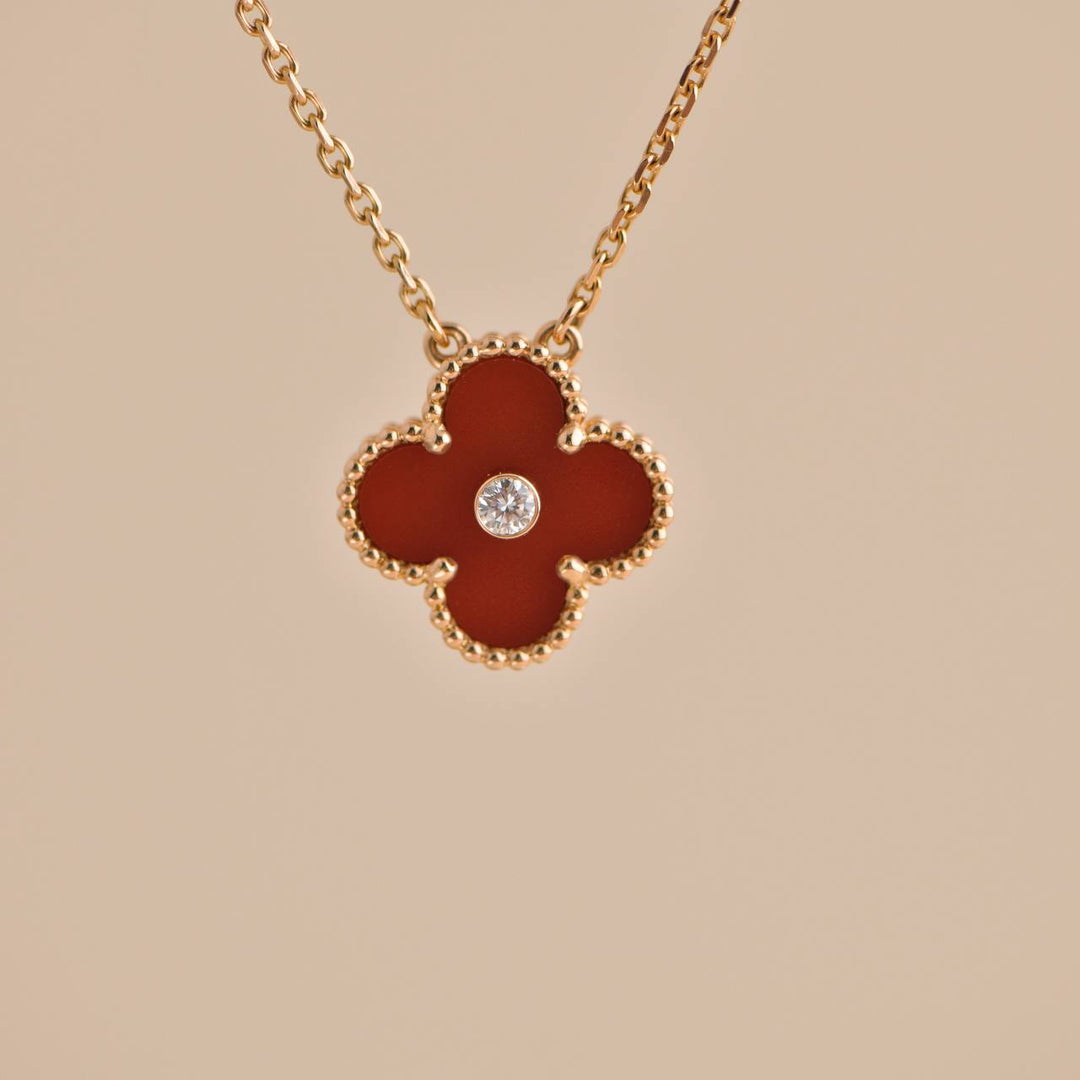 Pre-owned Van Cleef Vintage Alhambra Diamond Carnelian Limited Edition Rose Gold Pendant Necklace