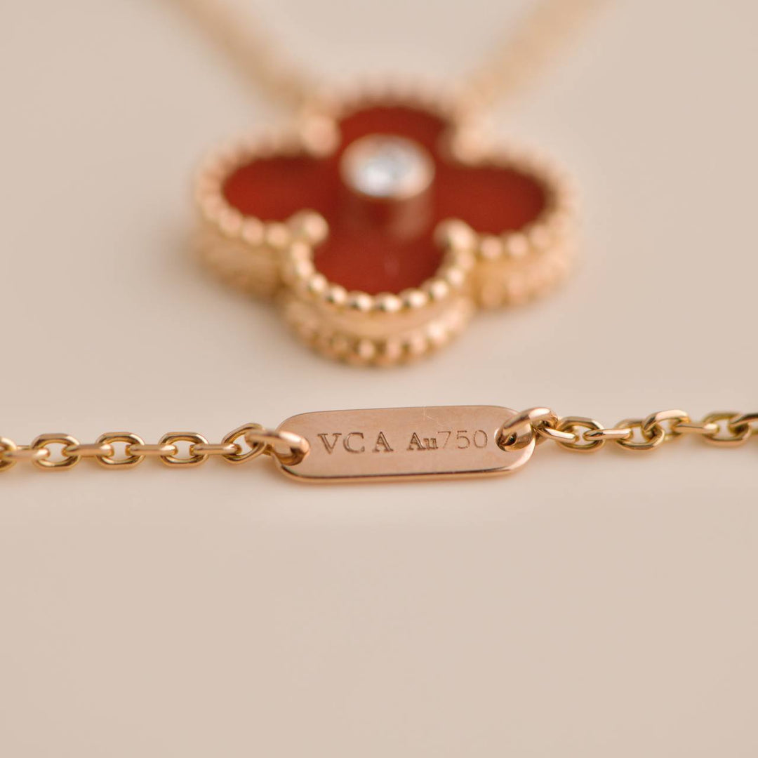 Second Hand Van Cleef & Arpels Vintage Alhambra Diamond Carnelian Limited Edition Rose Gold Pendant Necklace