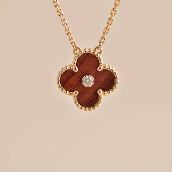 Second Hand Van Cleef & Arpels Vintage Alhambra Bois d’Amourette Letterwood Diamond Pendant Necklace