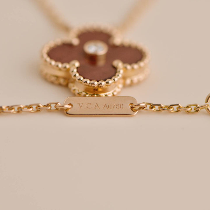 Second Hand Van Cleef Vintage Alhambra Bois d’Amourette Letterwood Diamond Pendant Necklace